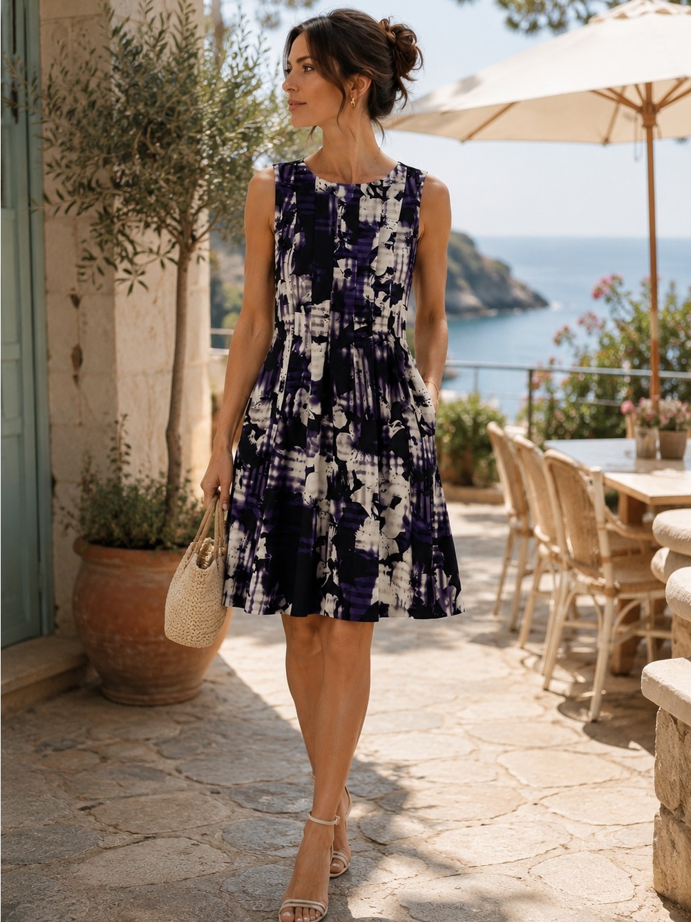 💎VINTAGE Sleeveless Pleated Dress Purple Black Floral 💎